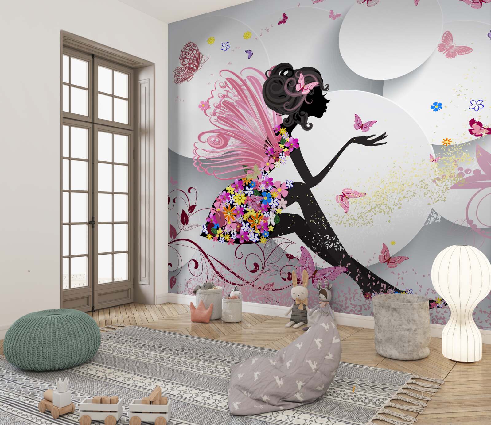 Fototapeta dziewczyna ze skrzydłami, ozdobiona kwiatami i motylami