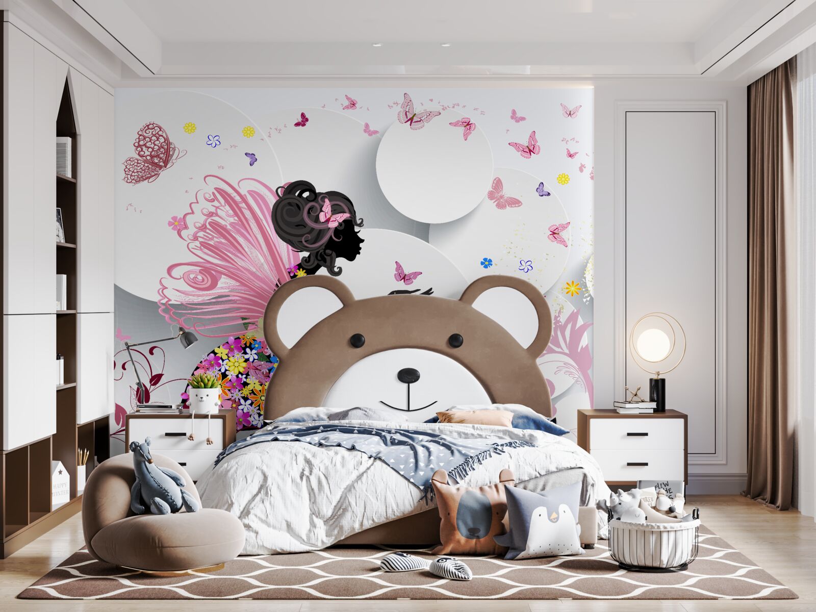 Fototapeta dziewczyna ze skrzydłami, ozdobiona kwiatami i motylami