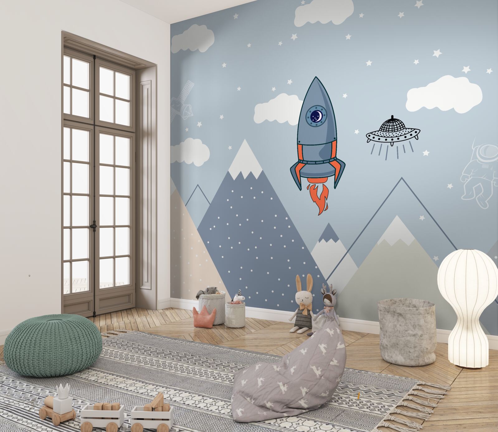 Fototapeta rakieta i ufo szybują nad górami