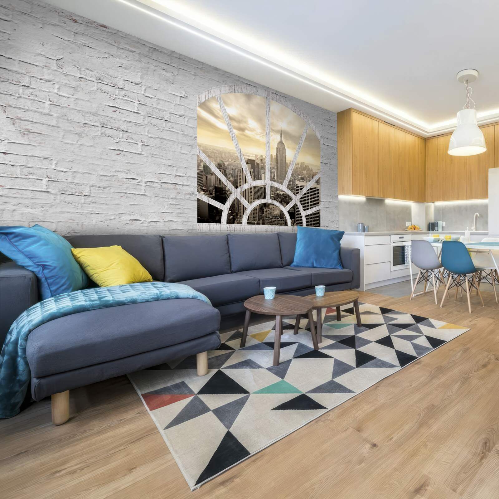 Fototapeta panoramiczne okno w ceglanej ścianie, z którego roztacza się widok na nowy jork