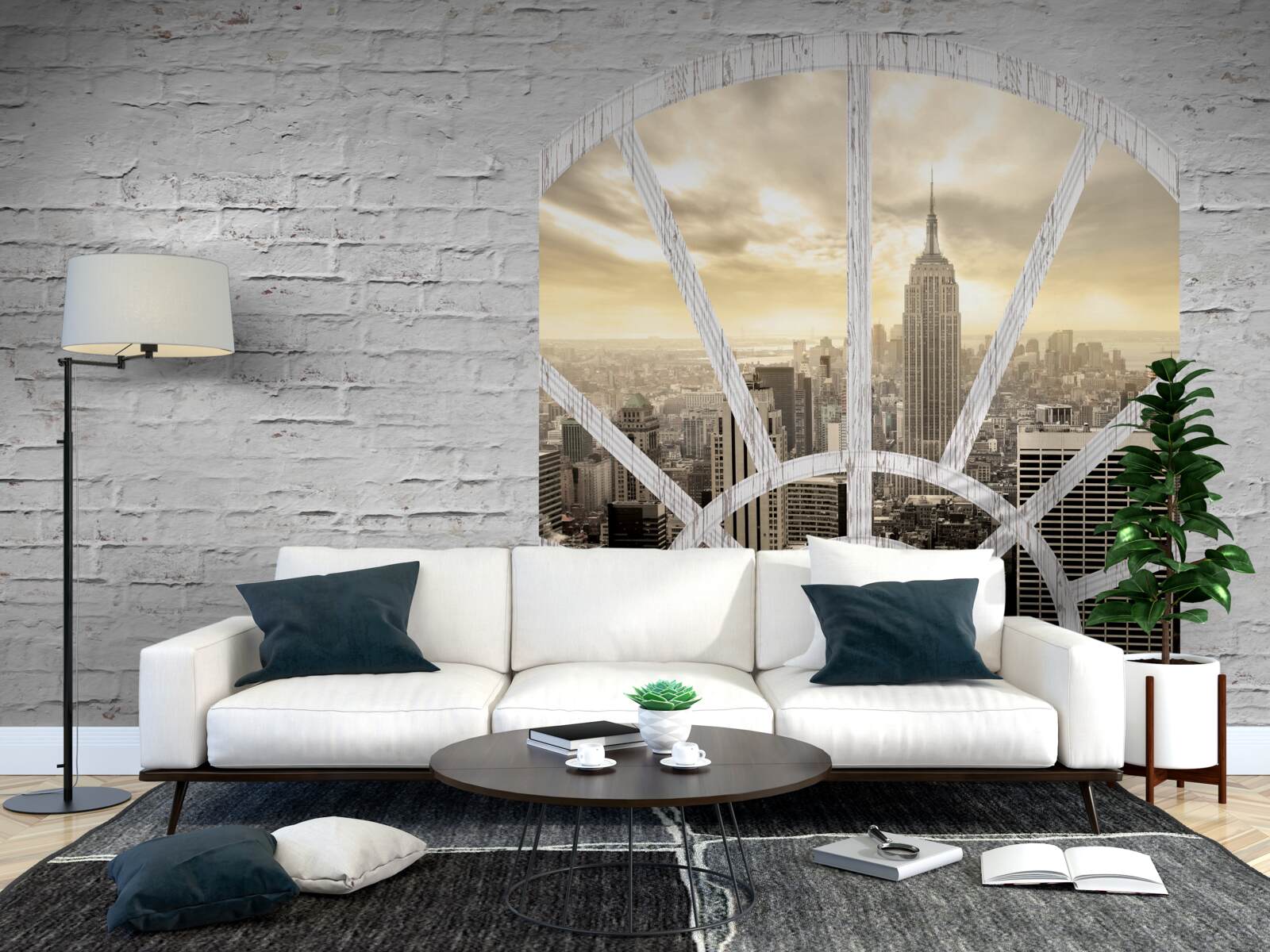 Fototapeta panoramiczne okno w ceglanej ścianie, z którego roztacza się widok na nowy jork