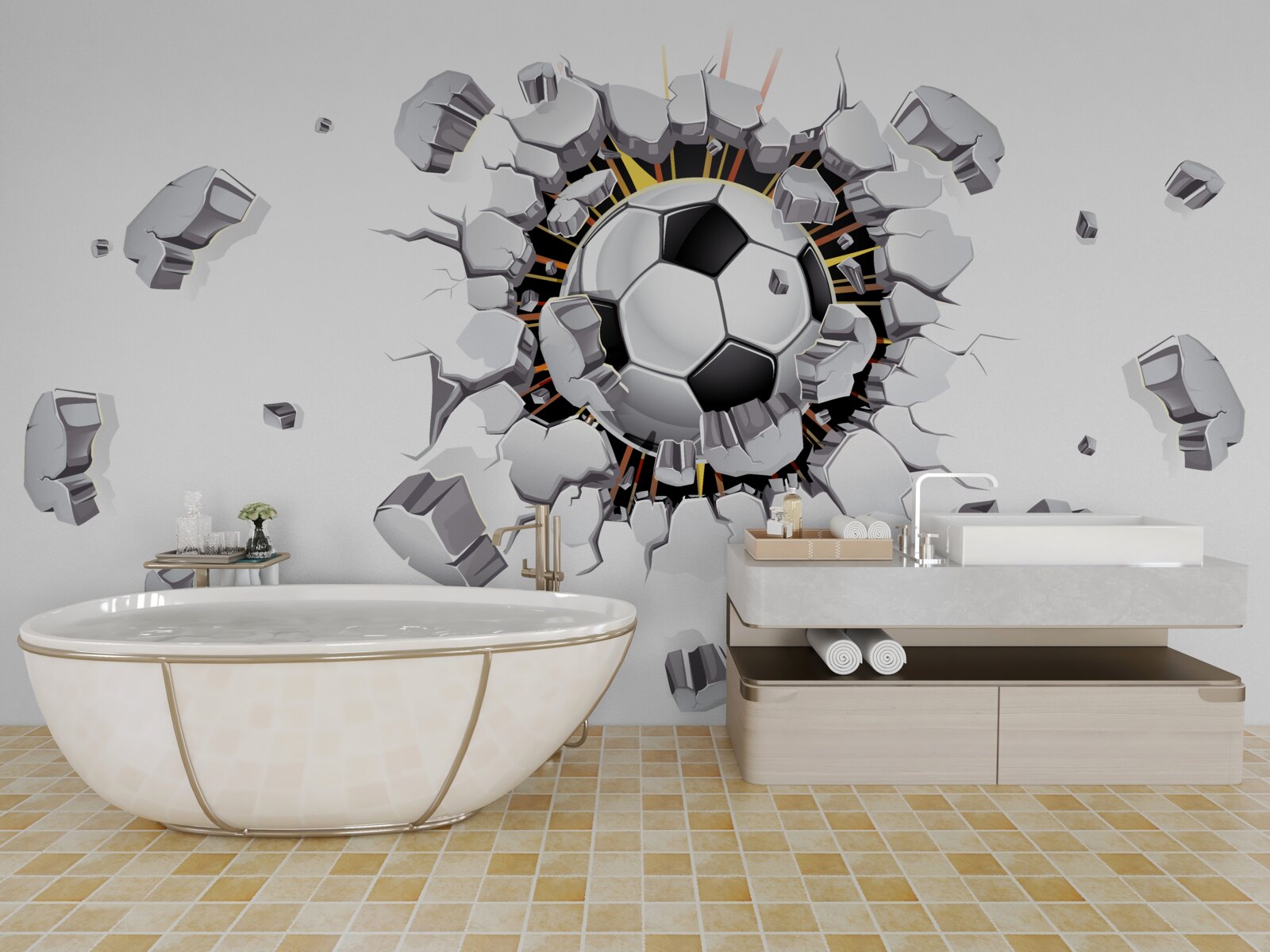 Fototapeta Ściana została przebita piłką nożną