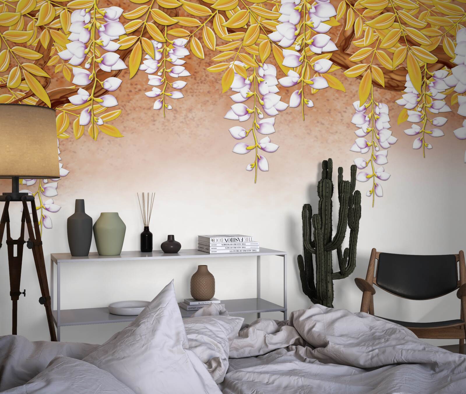 Fototapeta odbicie żółtych liści i białych kwiatów