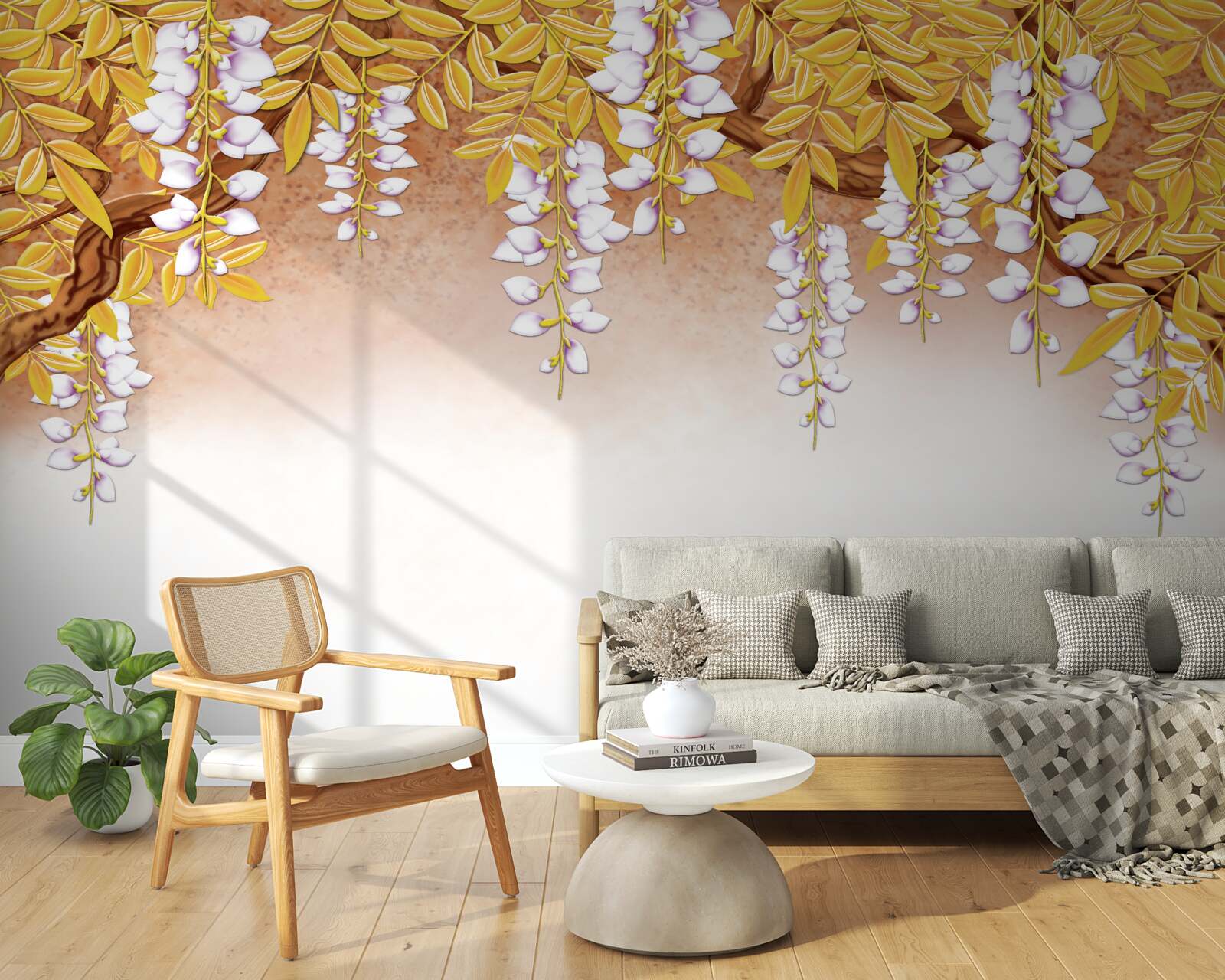 Fototapeta odbicie żółtych liści i białych kwiatów