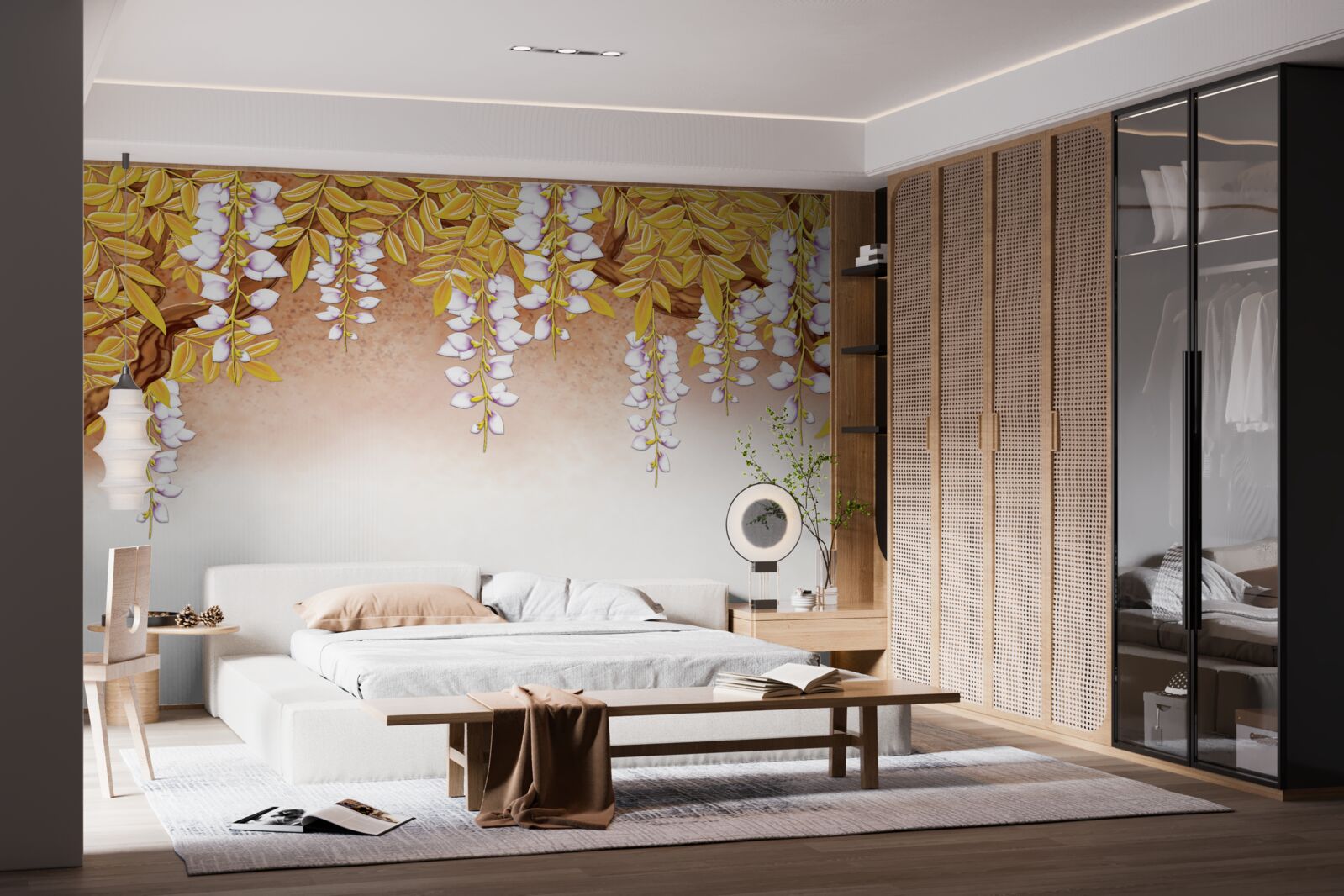 Fototapeta odbicie żółtych liści i białych kwiatów