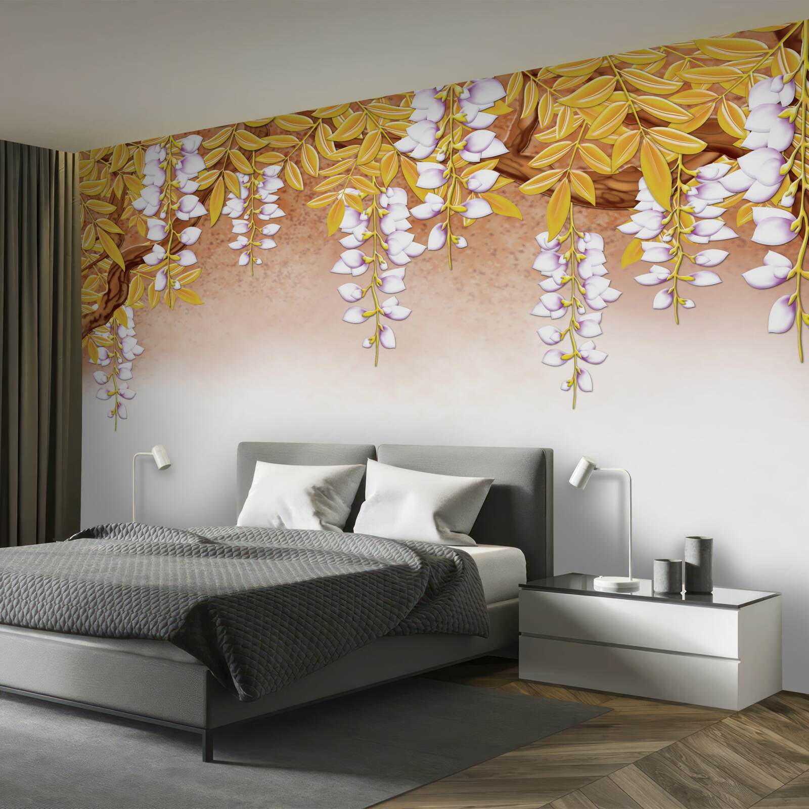 Fototapeta odbicie żółtych liści i białych kwiatów