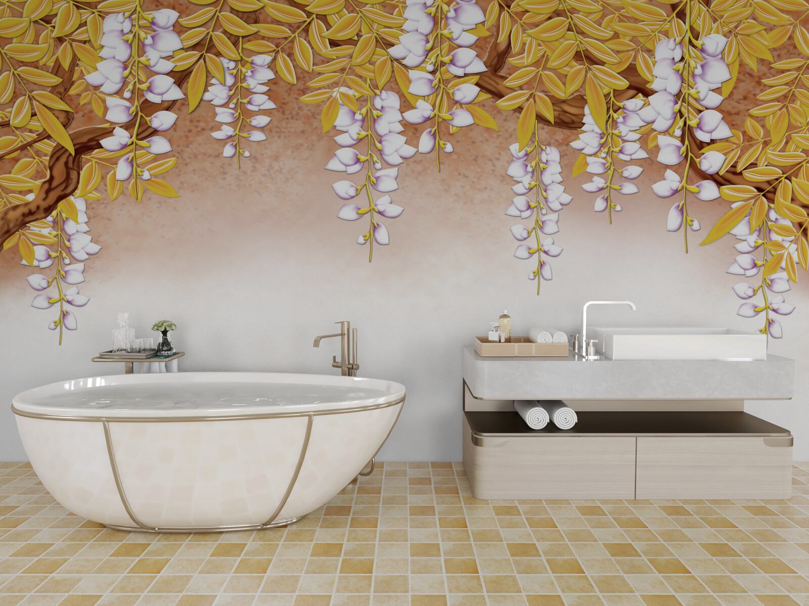 Fototapeta odbicie żółtych liści i białych kwiatów