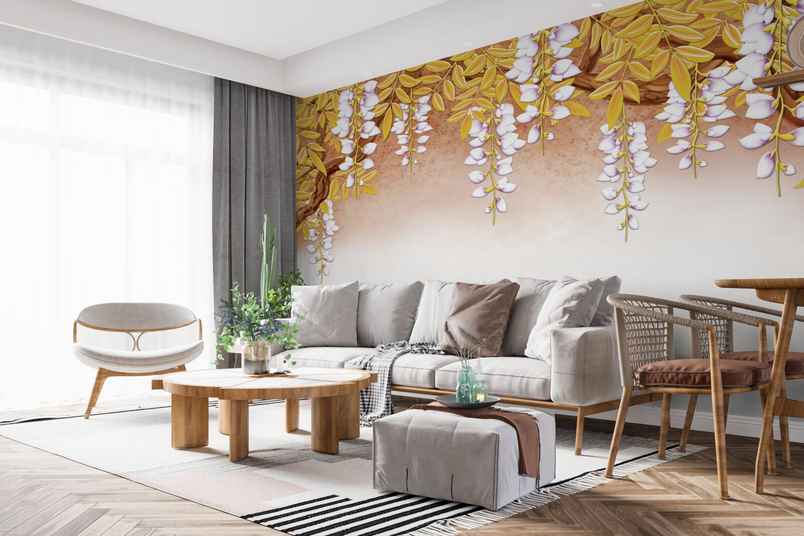 Fototapeta odbicie żółtych liści i białych kwiatów