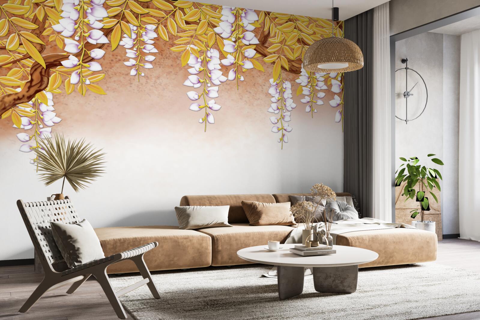 Fototapeta odbicie żółtych liści i białych kwiatów