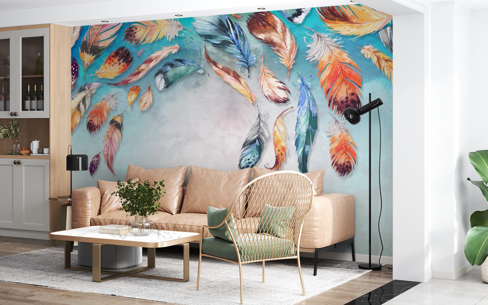 Fototapeta jasne wielokolorowe puszyste pióra