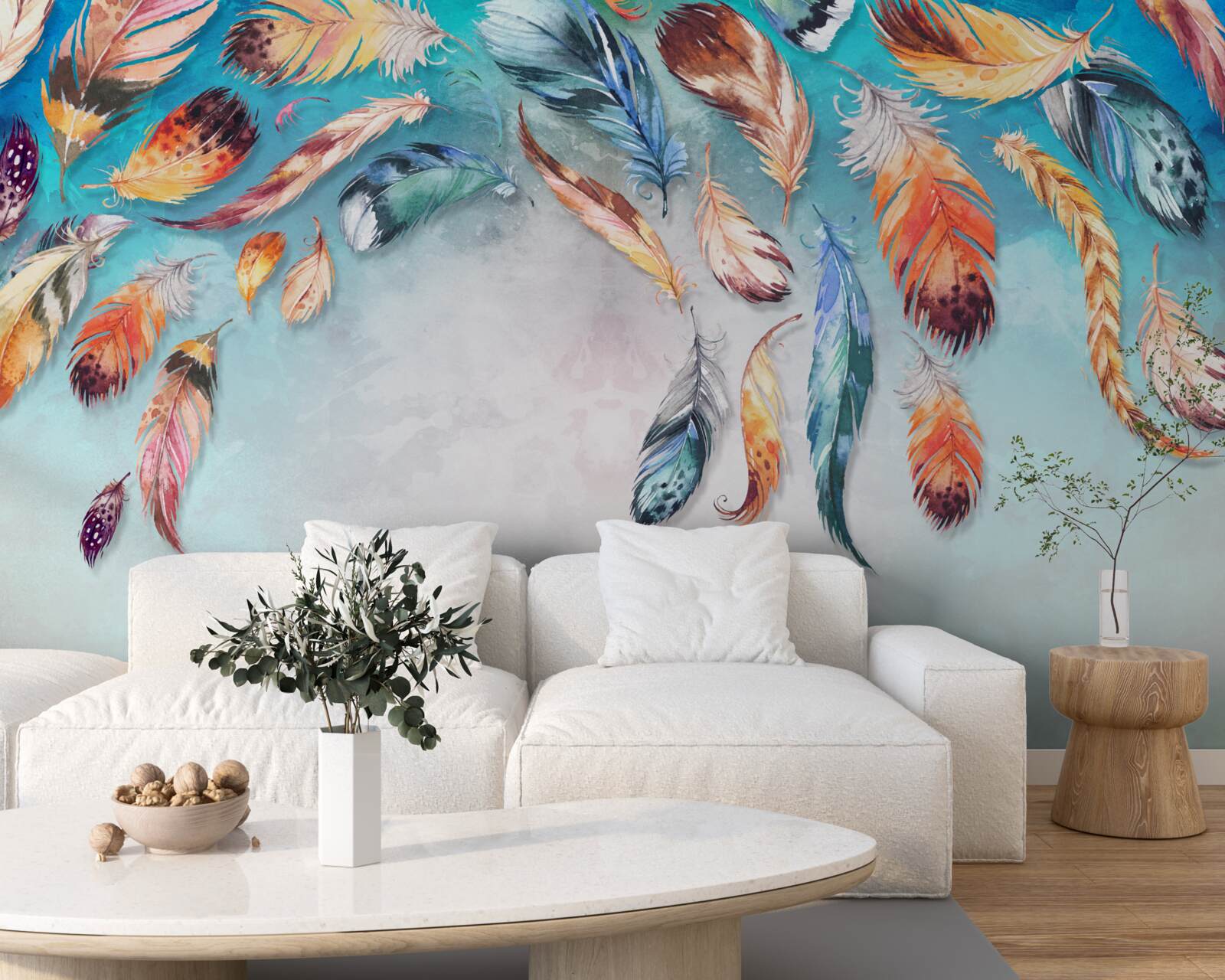 Fototapeta jasne wielokolorowe puszyste pióra