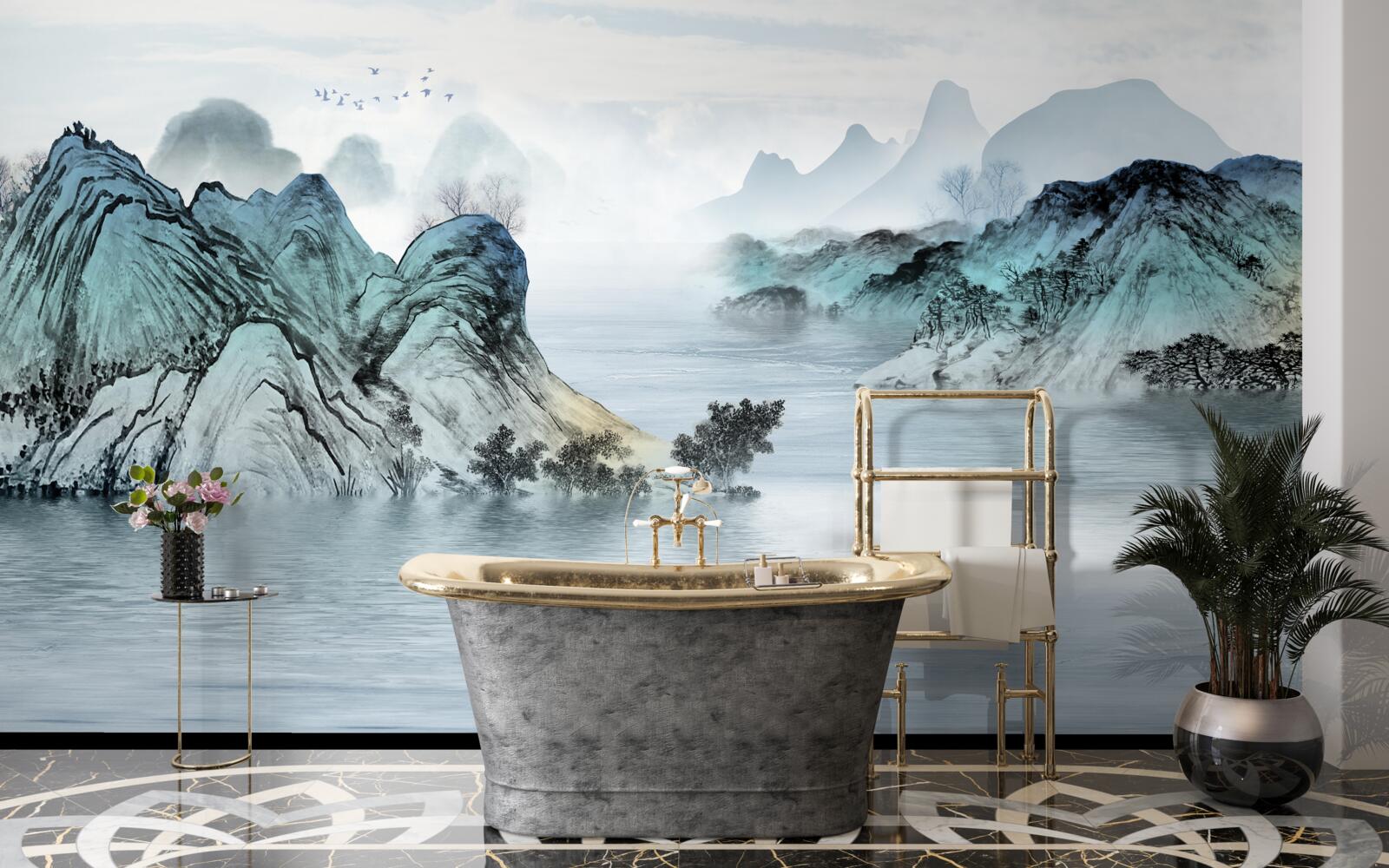 Fototapeta wędkarz na górskim zbiorniku