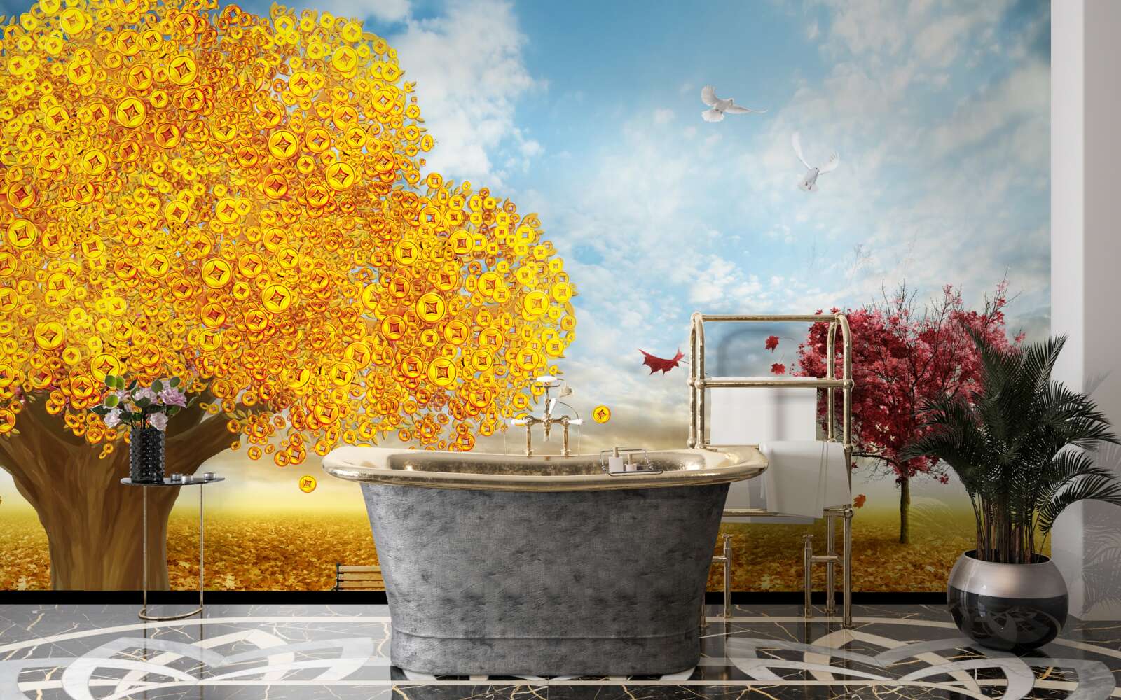 Fototapeta wibrujące odcienie jesiennych liści na tle błękitnego nieba