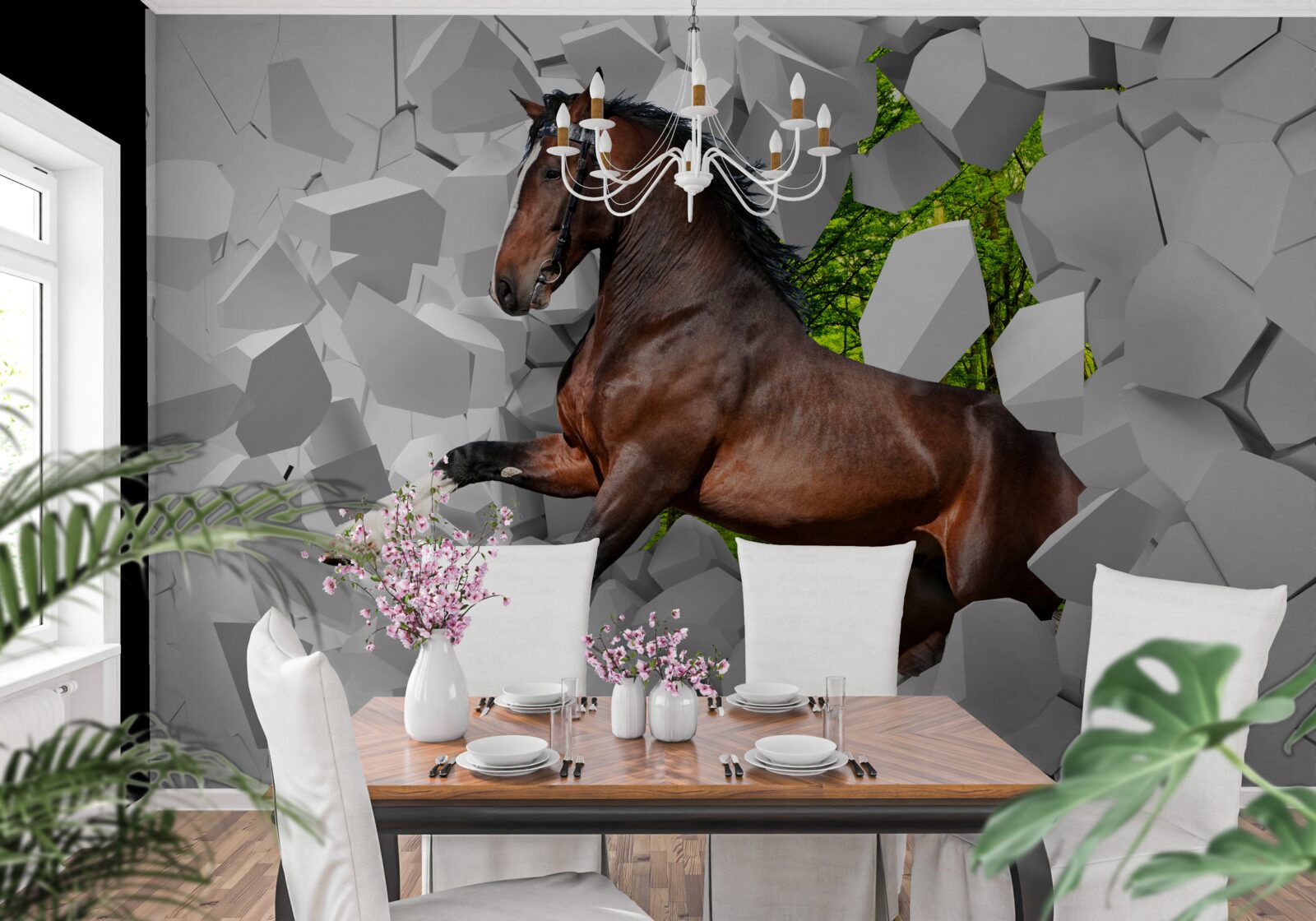 Fototapeta brązowy koń pokonuje przeszkodę w postaci ściany