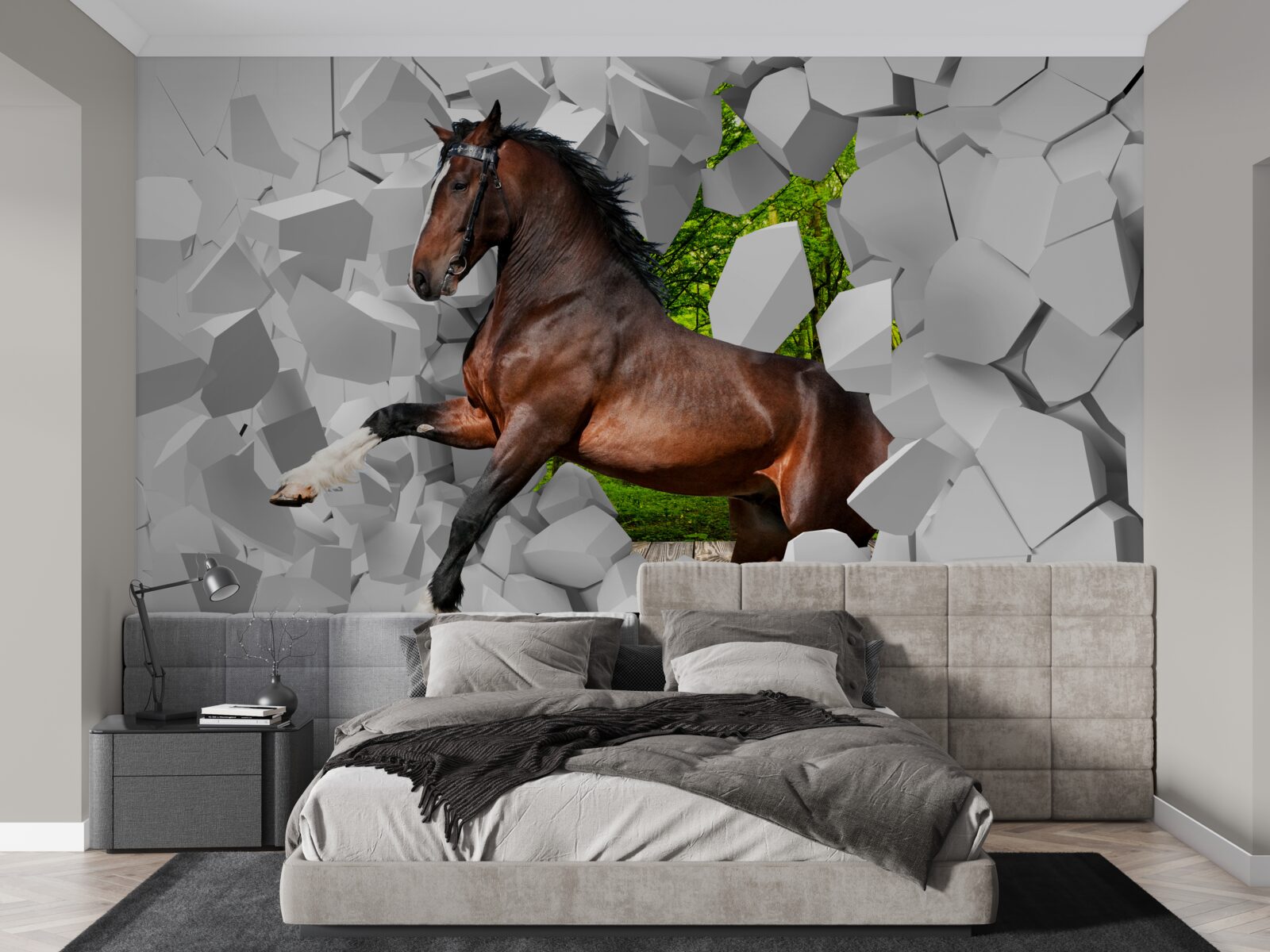 Fototapeta brązowy koń pokonuje przeszkodę w postaci ściany