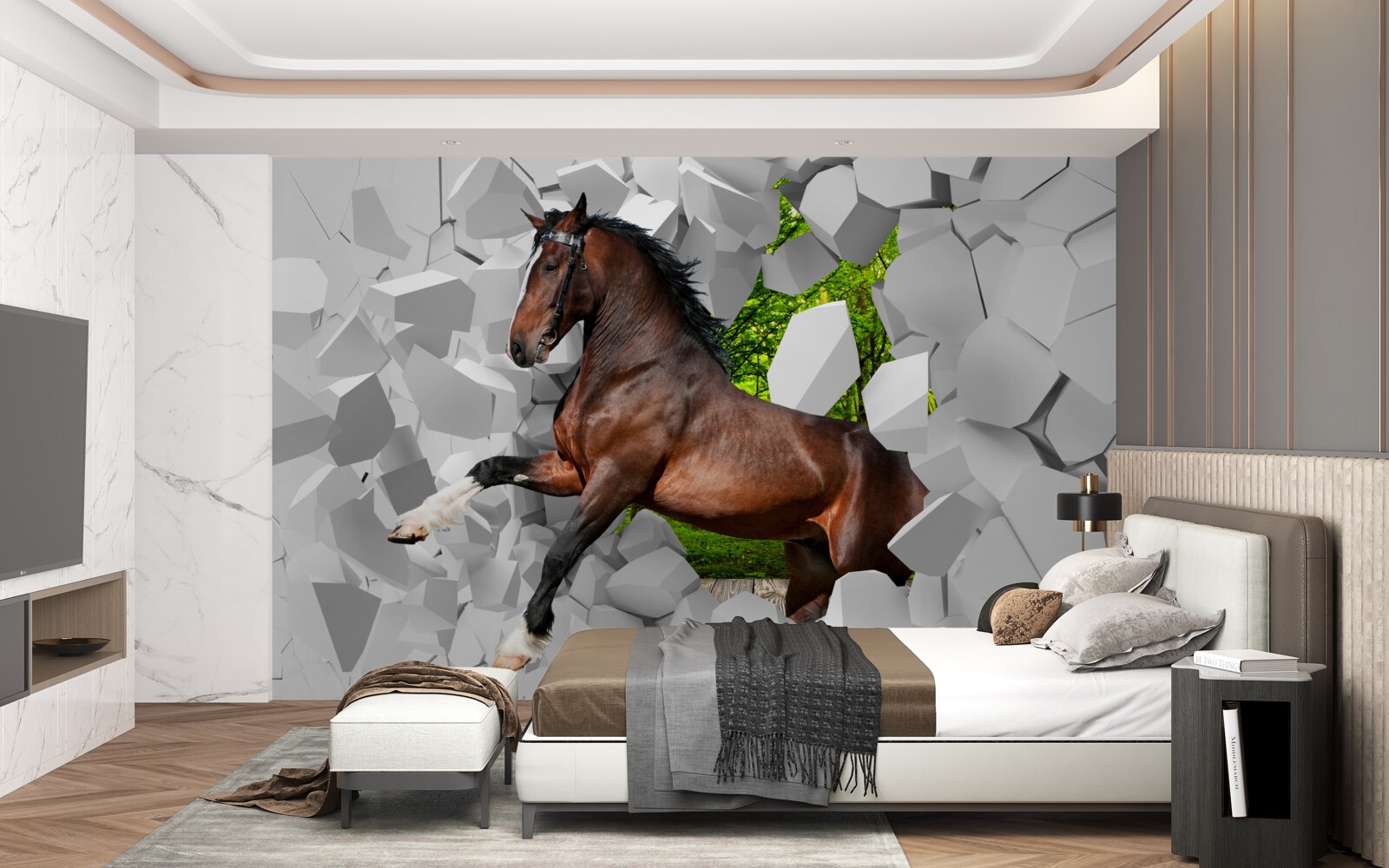 Fototapeta brązowy koń pokonuje przeszkodę w postaci ściany