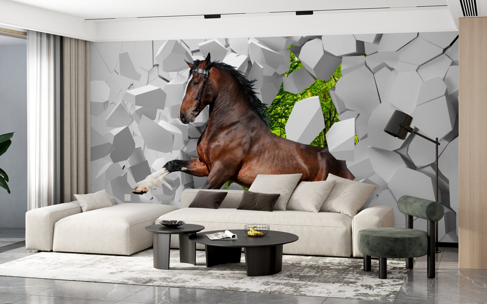 Fototapeta brązowy koń pokonuje przeszkodę w postaci ściany