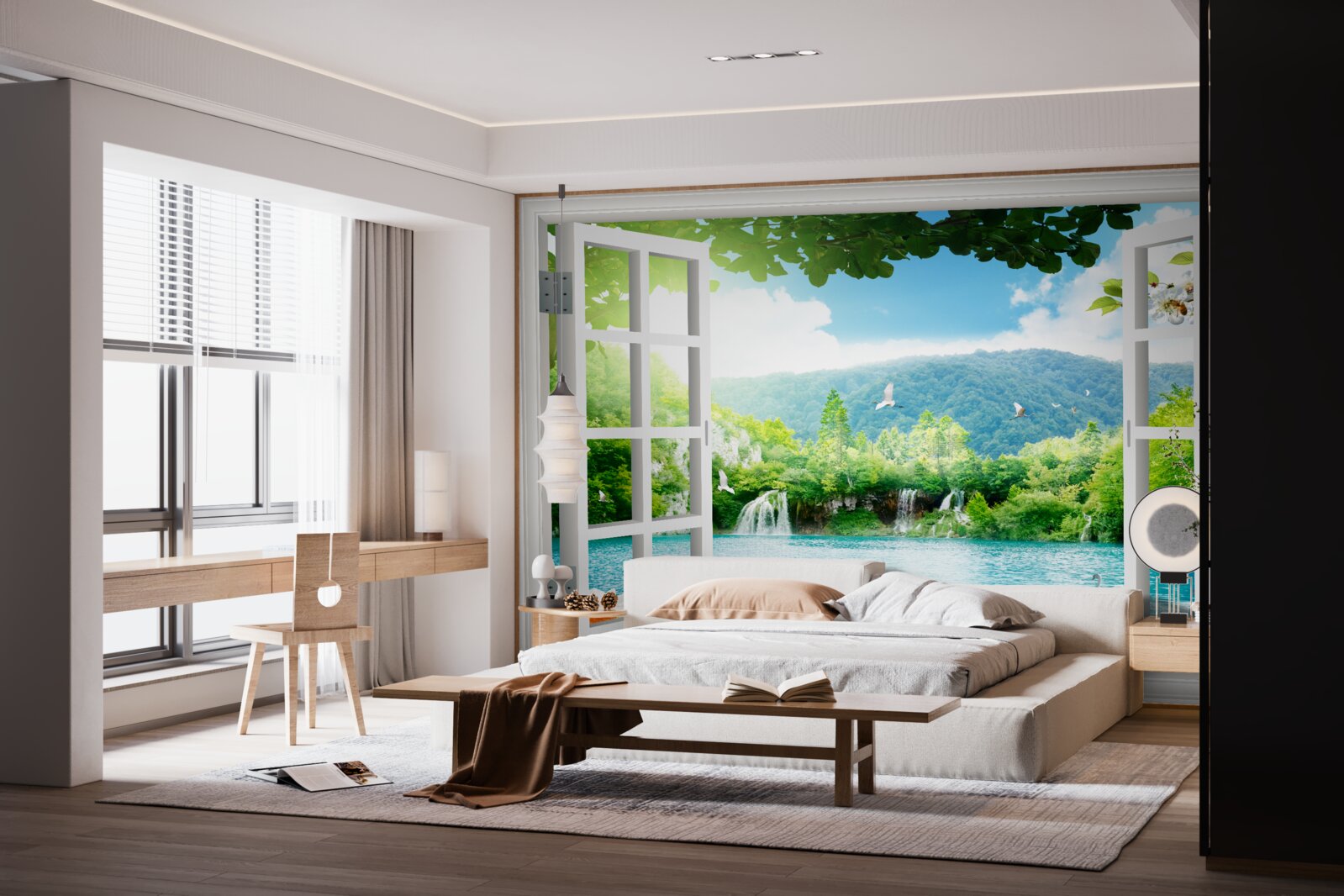 Fototapeta okno wychodzi na jezioro, do którego wpływają wodospady