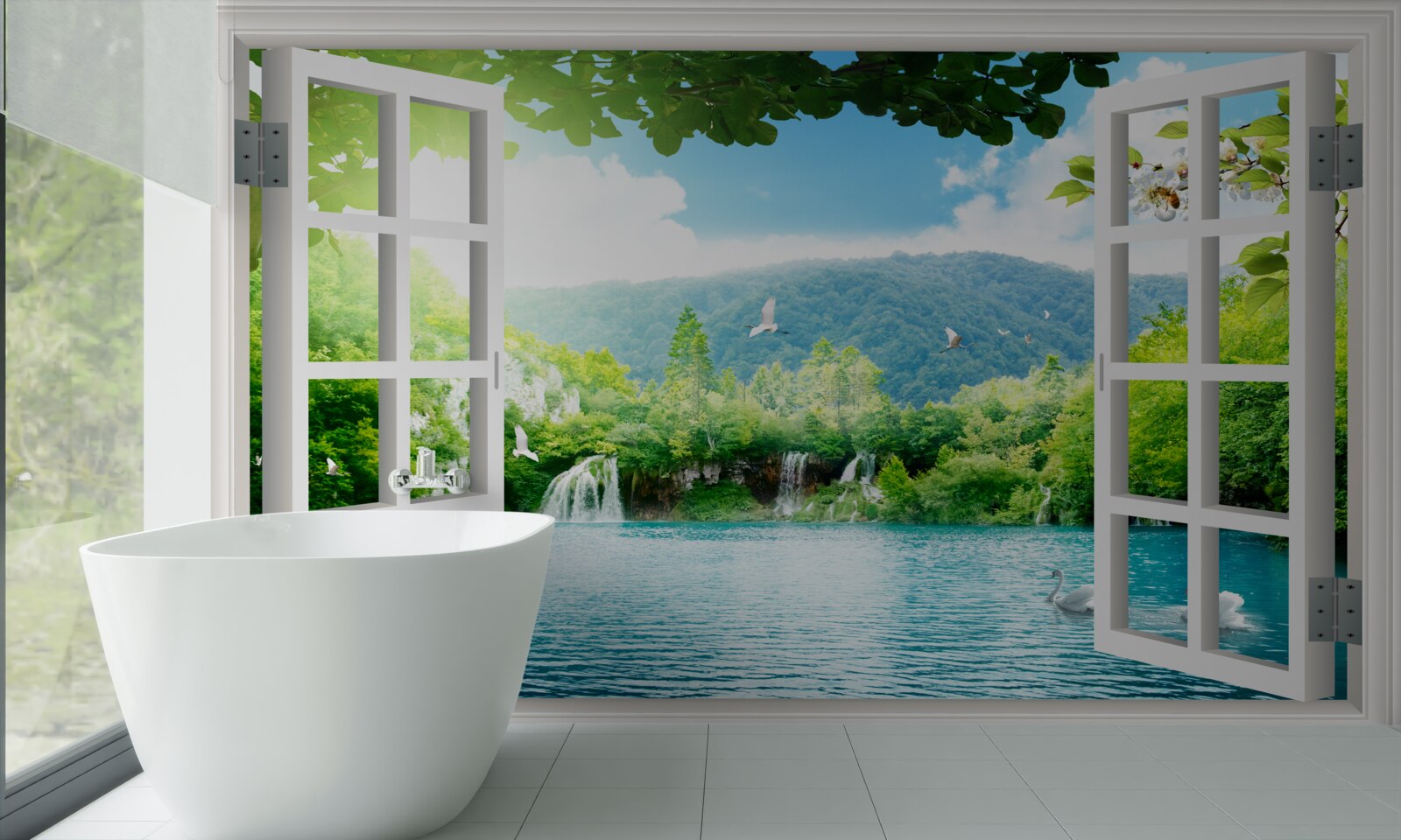 Fototapeta okno wychodzi na jezioro, do którego wpływają wodospady
