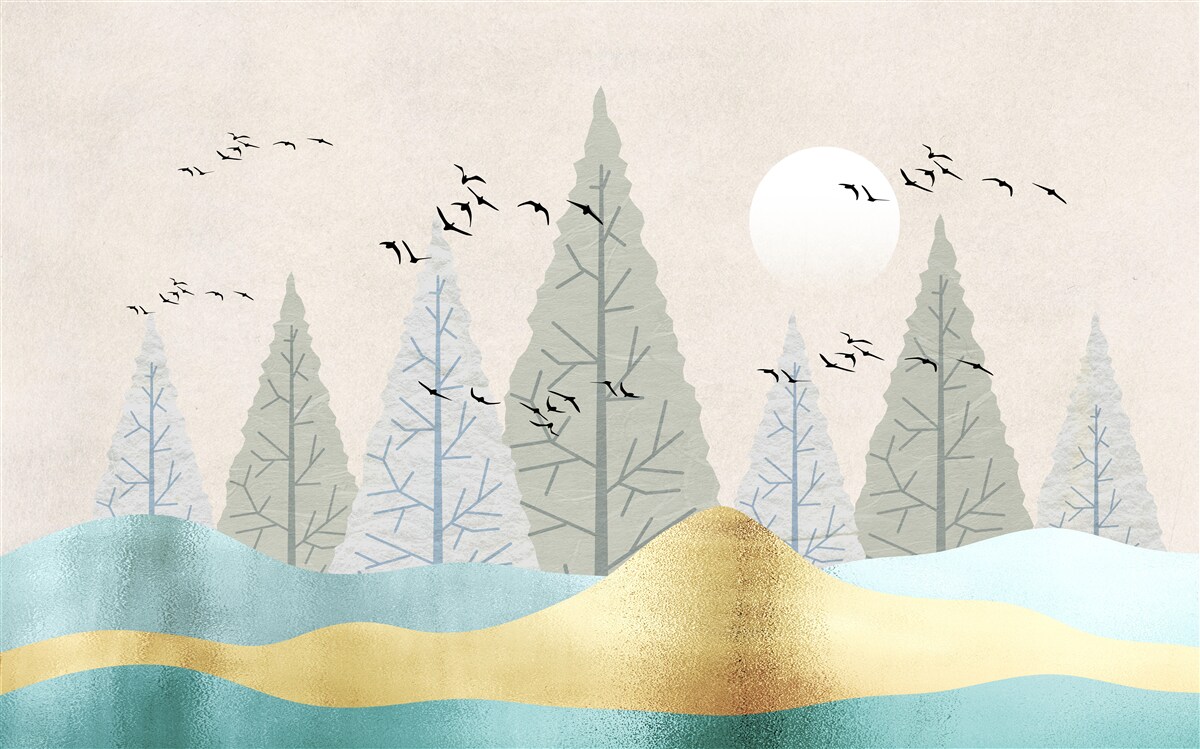 Fototapeta ptaki latające nad lasem o zachodzie słońca