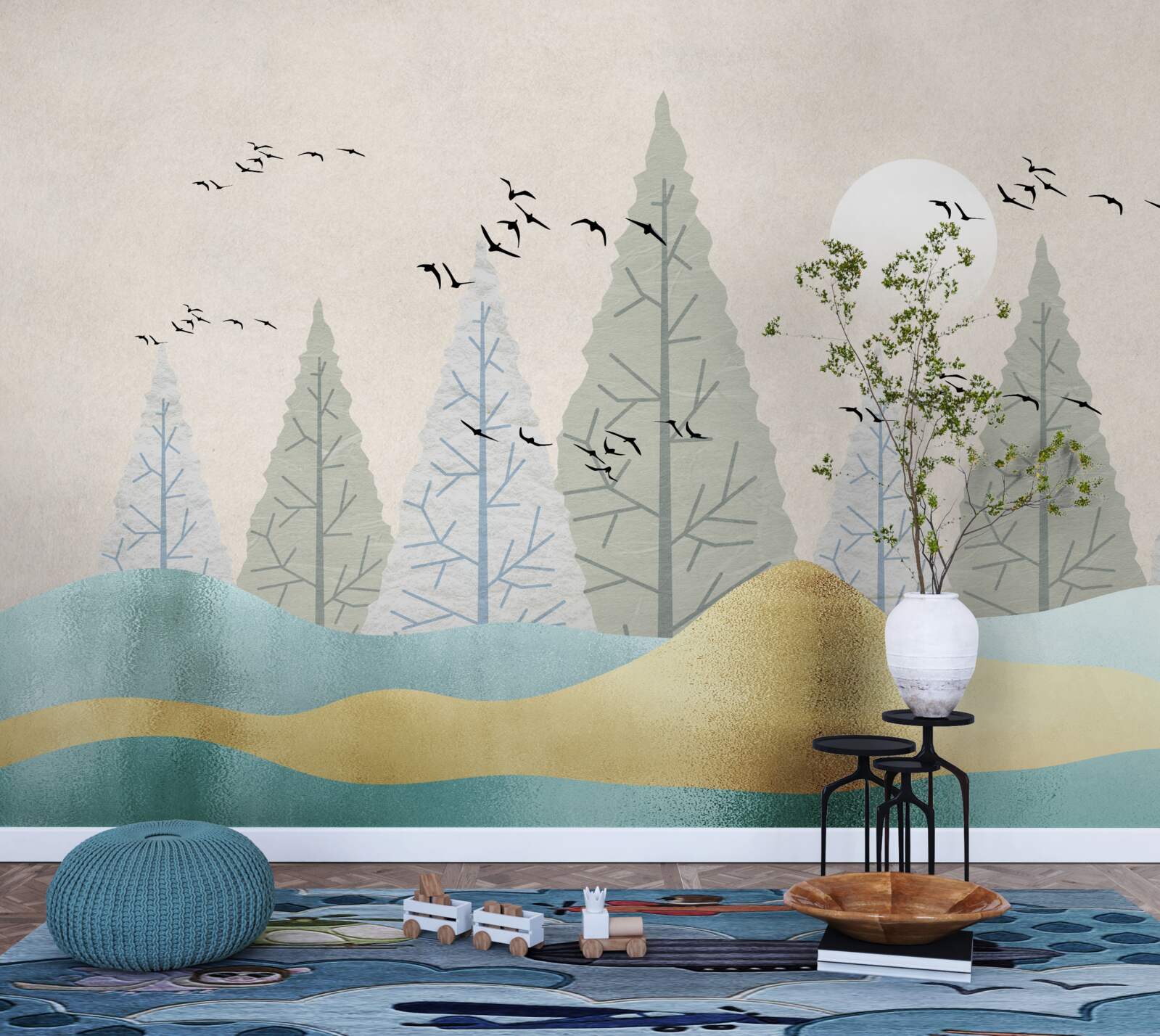 Fototapeta ptaki latające nad lasem o zachodzie słońca