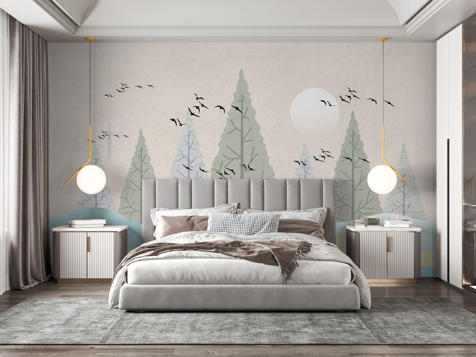 Fototapeta ptaki latające nad lasem o zachodzie słońca