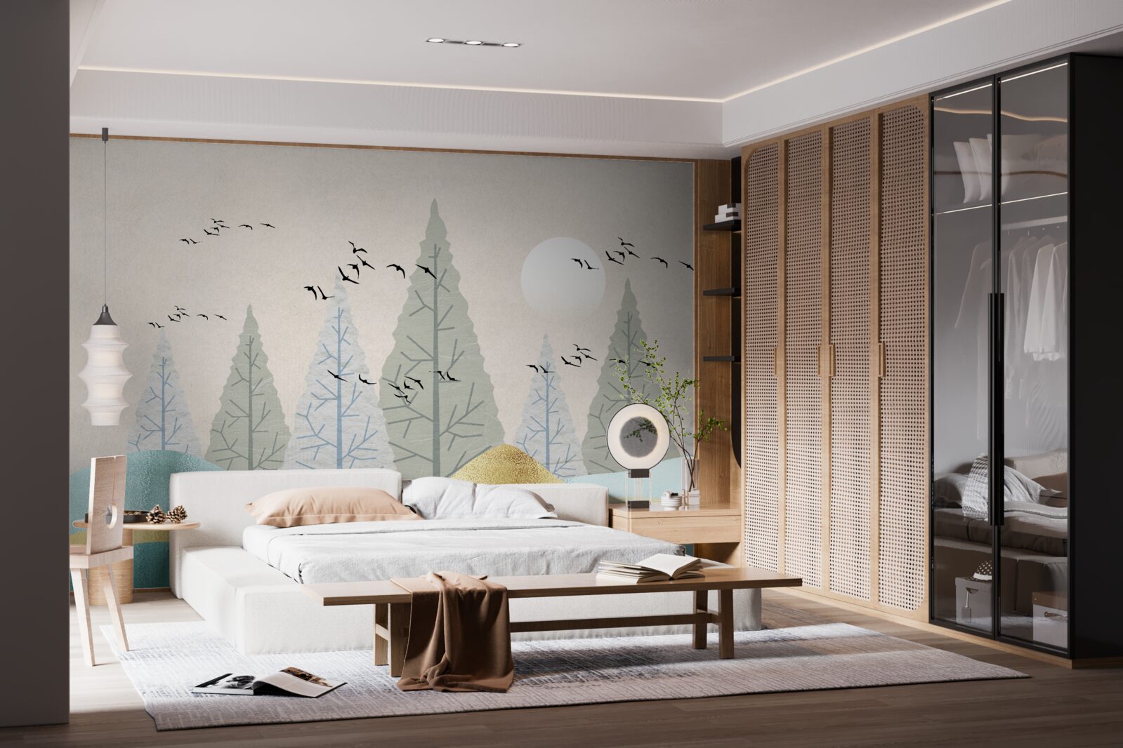 Fototapeta ptaki latające nad lasem o zachodzie słońca