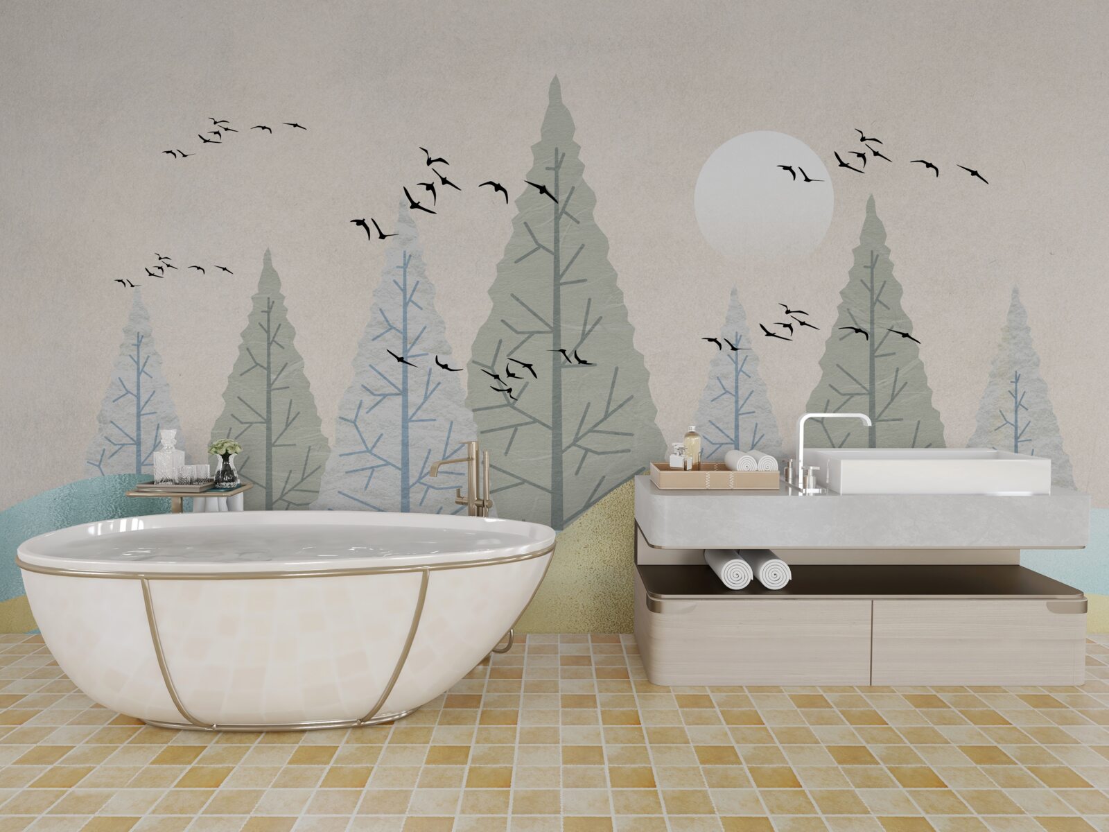 Fototapeta ptaki latające nad lasem o zachodzie słońca