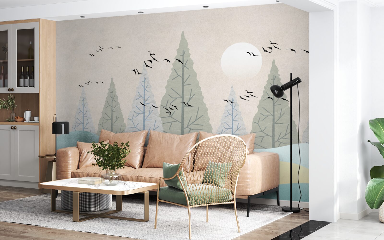 Fototapeta ptaki latające nad lasem o zachodzie słońca