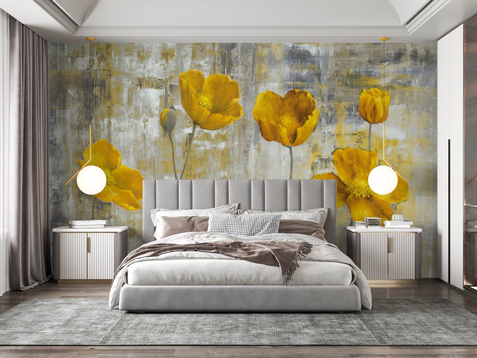 Fototapeta cienkie łodygi ozdobione są żółtymi kwiatami