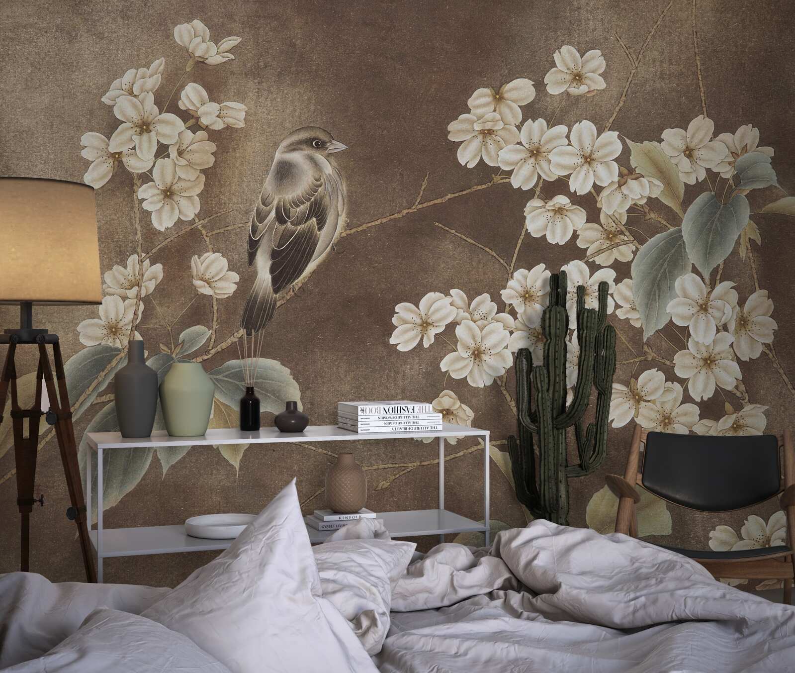 Fototapeta wróbel na gałęzi ze śnieżnobiałymi kwiatami