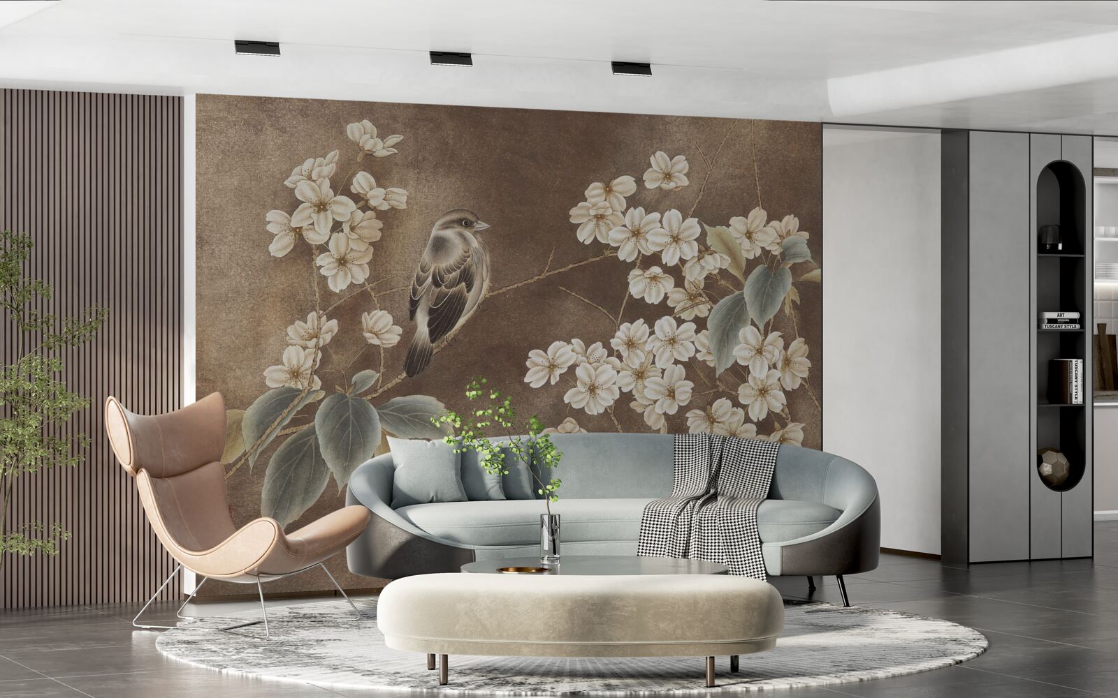 Fototapeta wróbel na gałęzi ze śnieżnobiałymi kwiatami