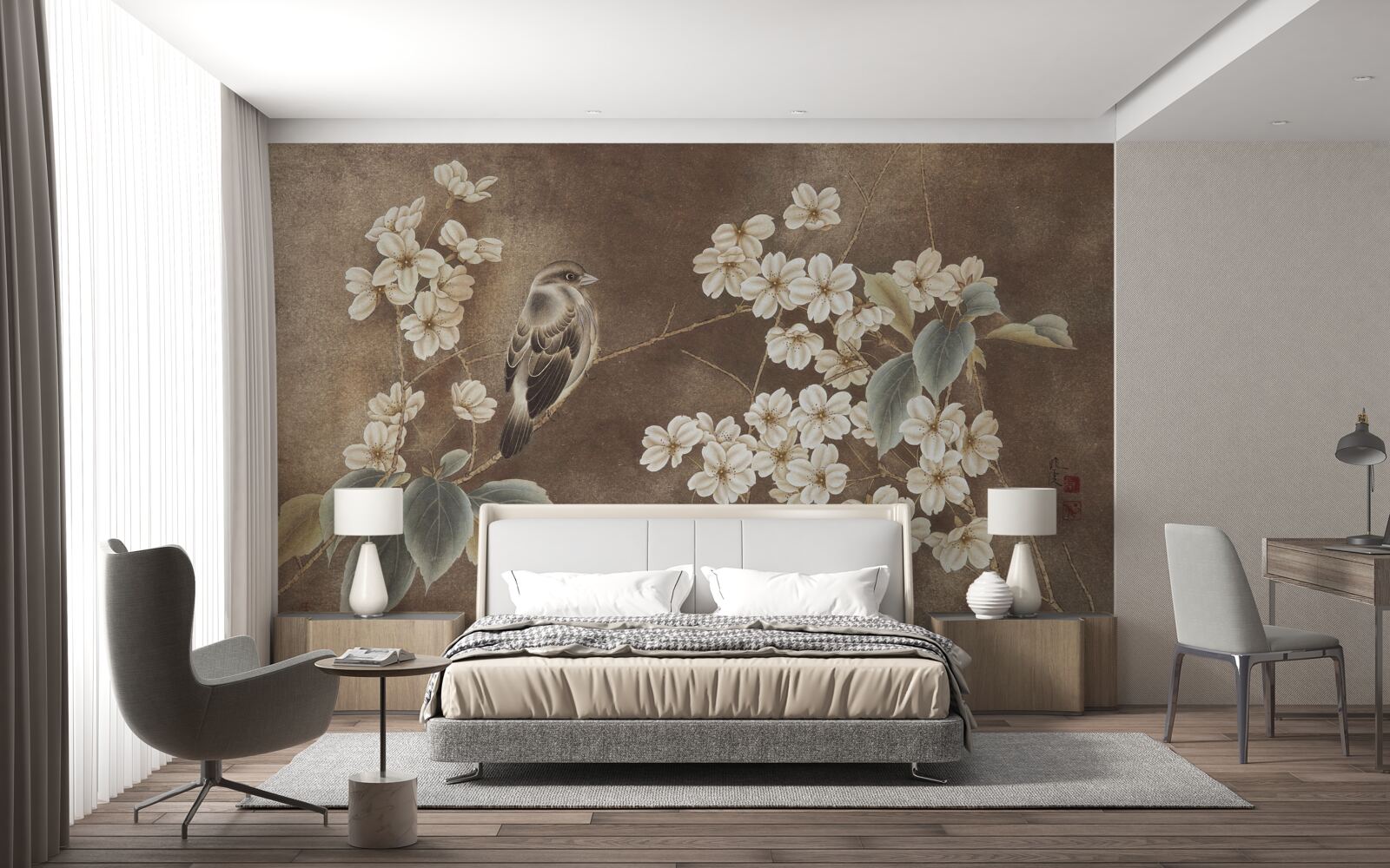 Fototapeta wróbel na gałęzi ze śnieżnobiałymi kwiatami