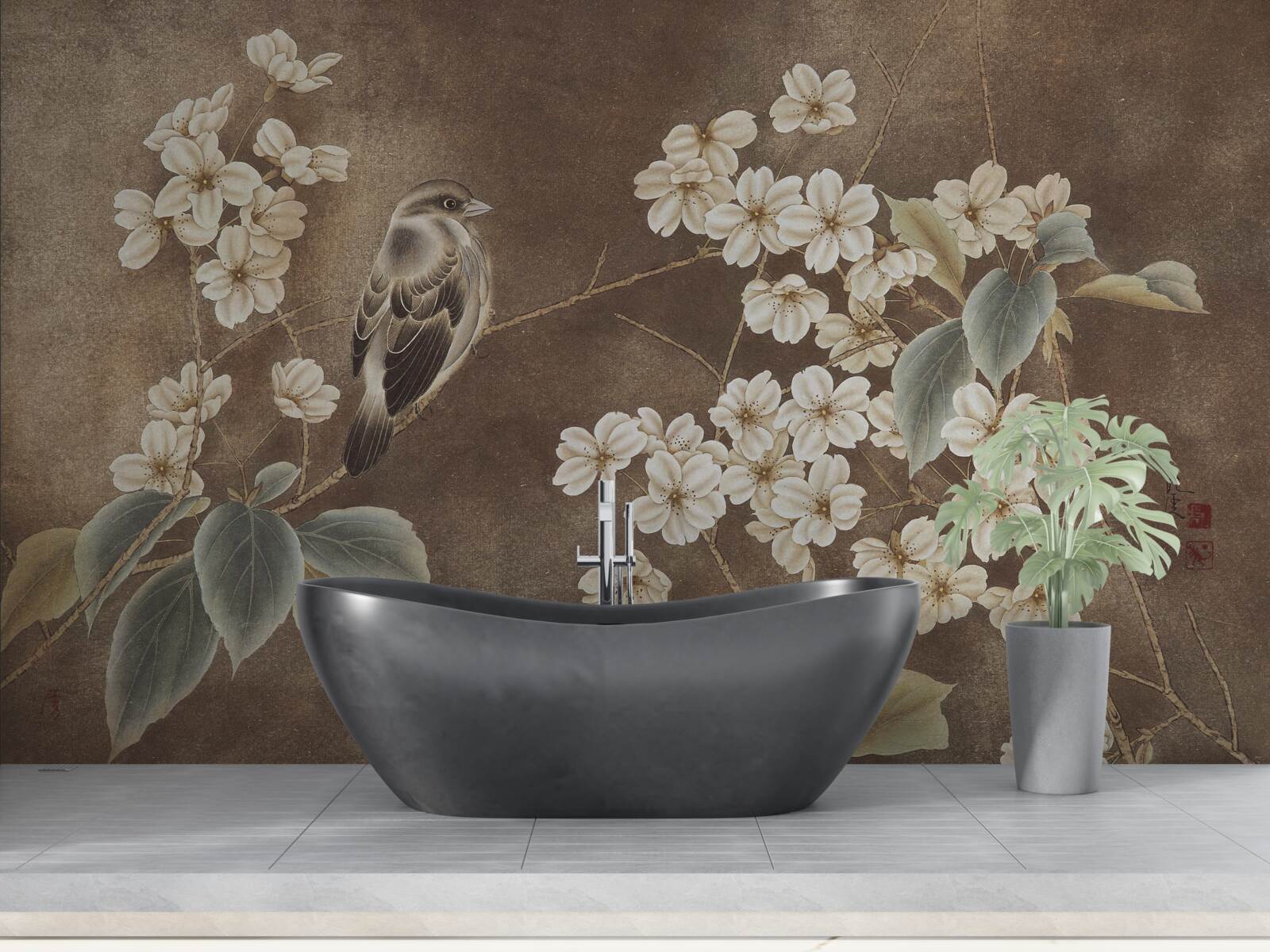 Fototapeta wróbel na gałęzi ze śnieżnobiałymi kwiatami