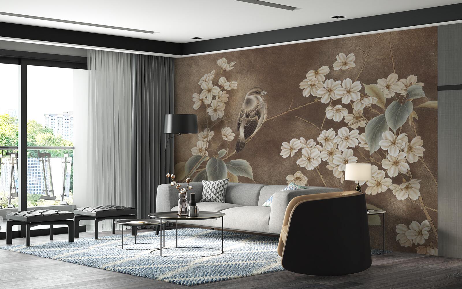 Fototapeta wróbel na gałęzi ze śnieżnobiałymi kwiatami