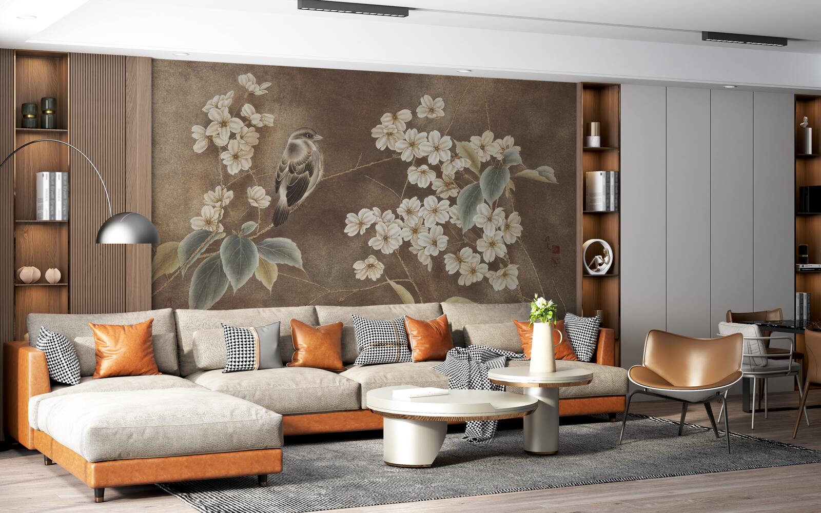 Fototapeta wróbel na gałęzi ze śnieżnobiałymi kwiatami