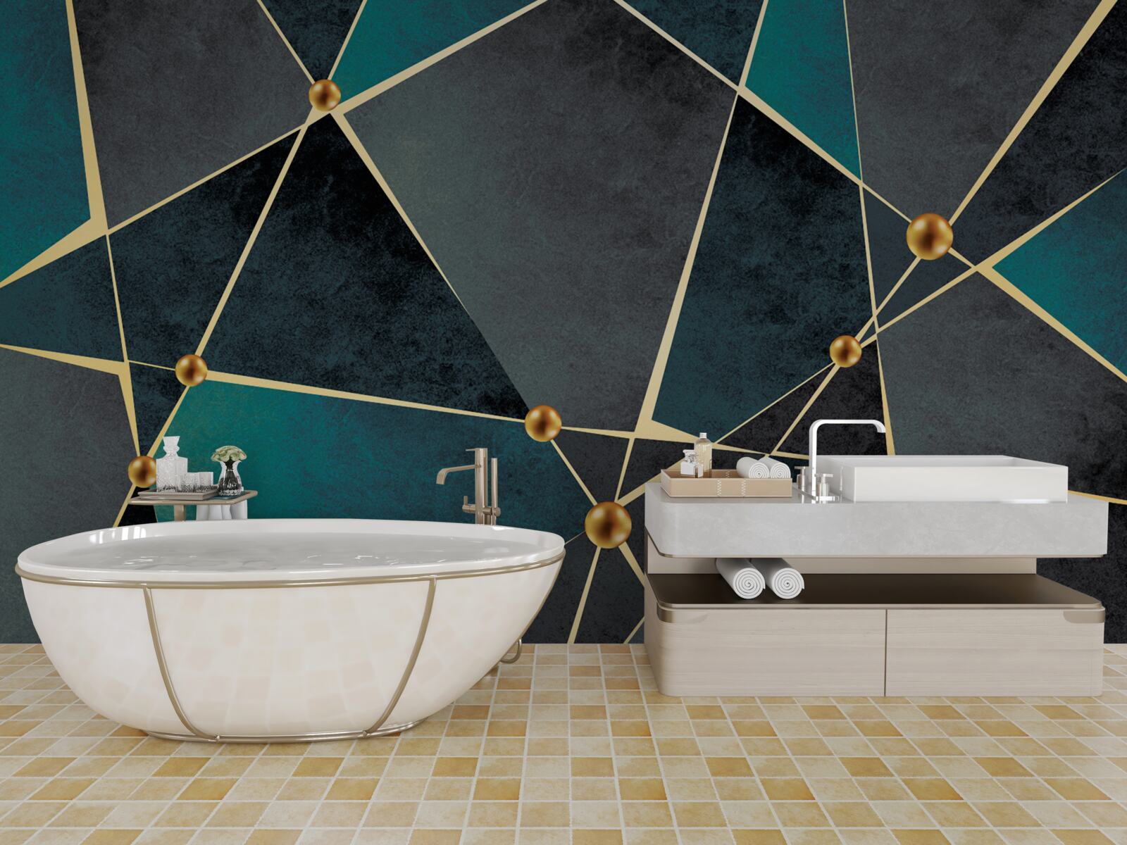 Fototapeta szmaragdowa mozaika ze złotymi akcentami