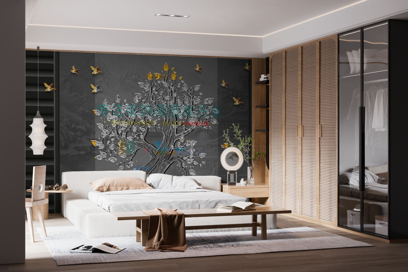 Fototapeta drzewo ze złota i ptaki latające na niebie