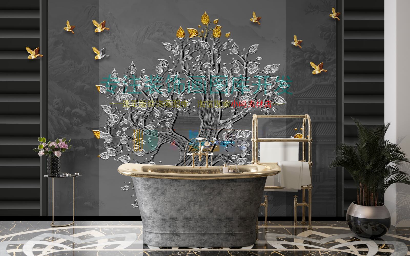 Fototapeta drzewo ze złota i ptaki latające na niebie