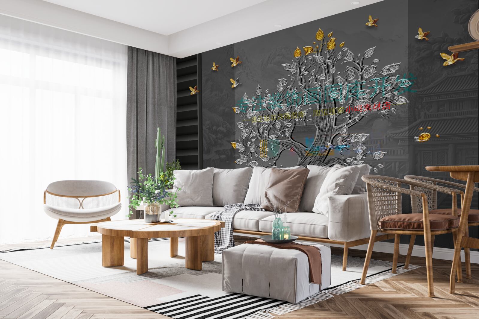 Fototapeta drzewo ze złota i ptaki latające na niebie