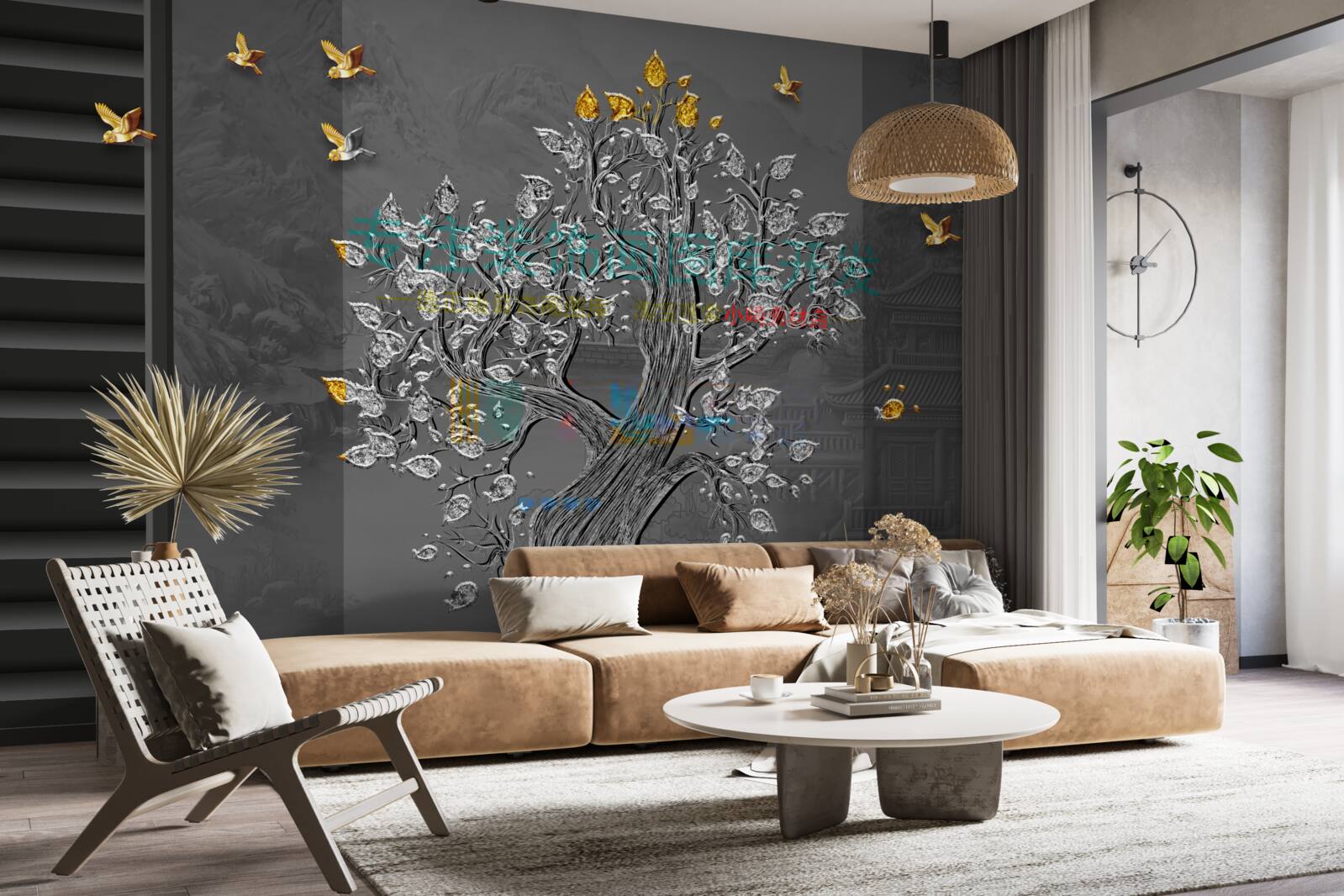 Fototapeta drzewo ze złota i ptaki latające na niebie