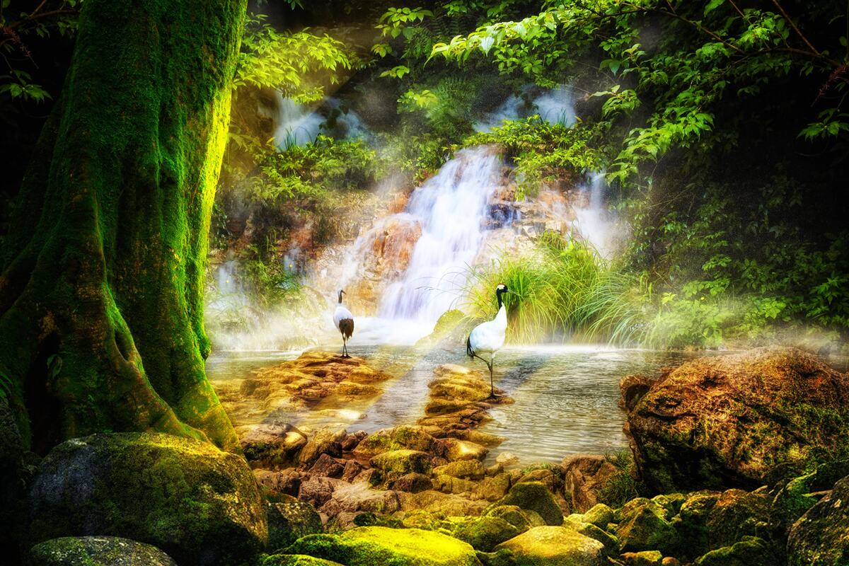 Fototapeta magiczny górski wodospad spadający kaskadą