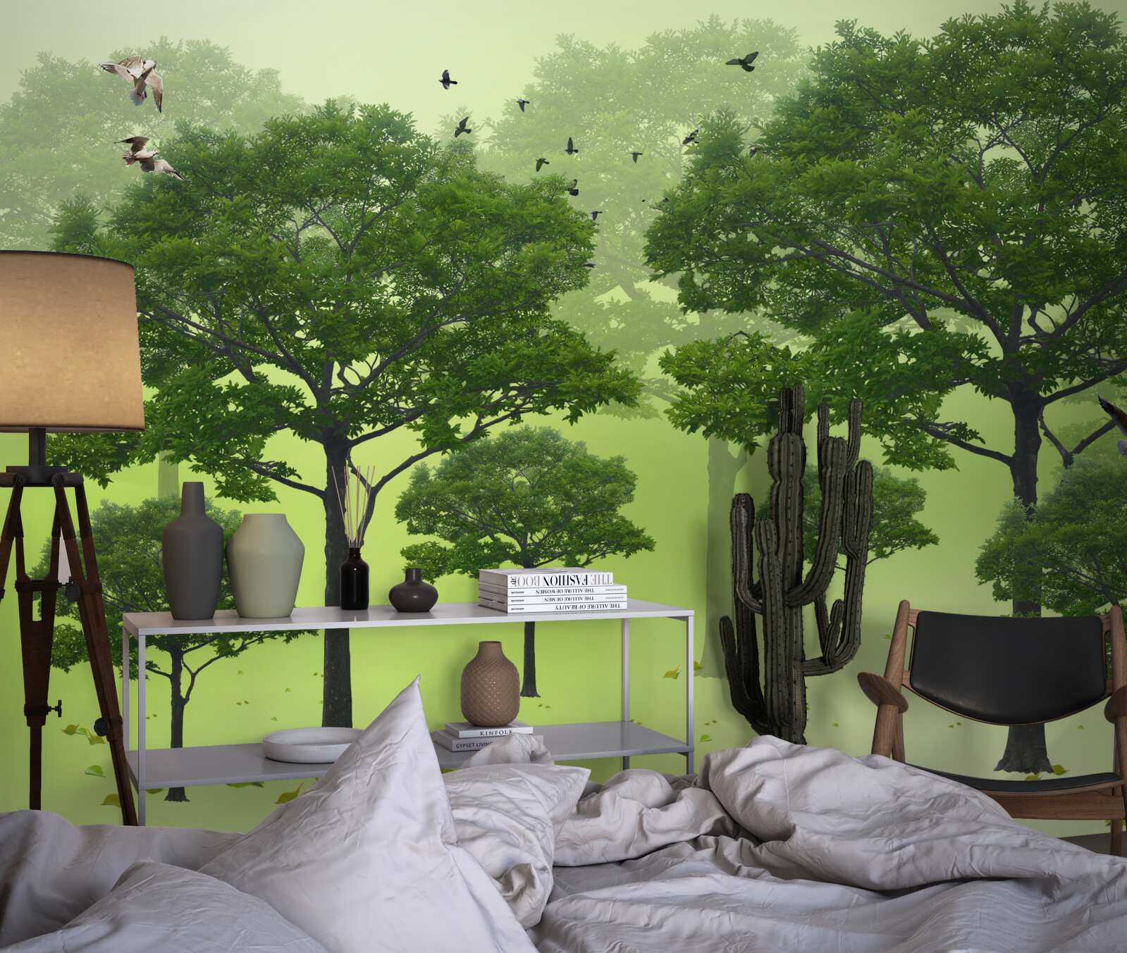 Fototapeta poranny las pokryty zielonymi liśćmi