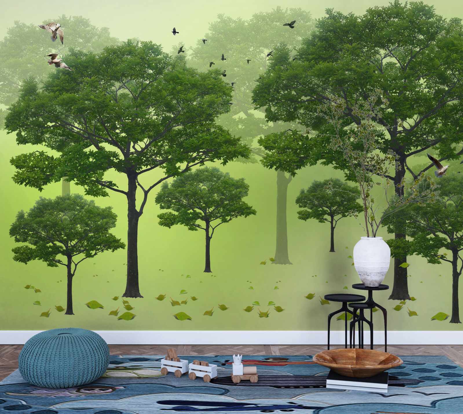 Fototapeta poranny las pokryty zielonymi liśćmi