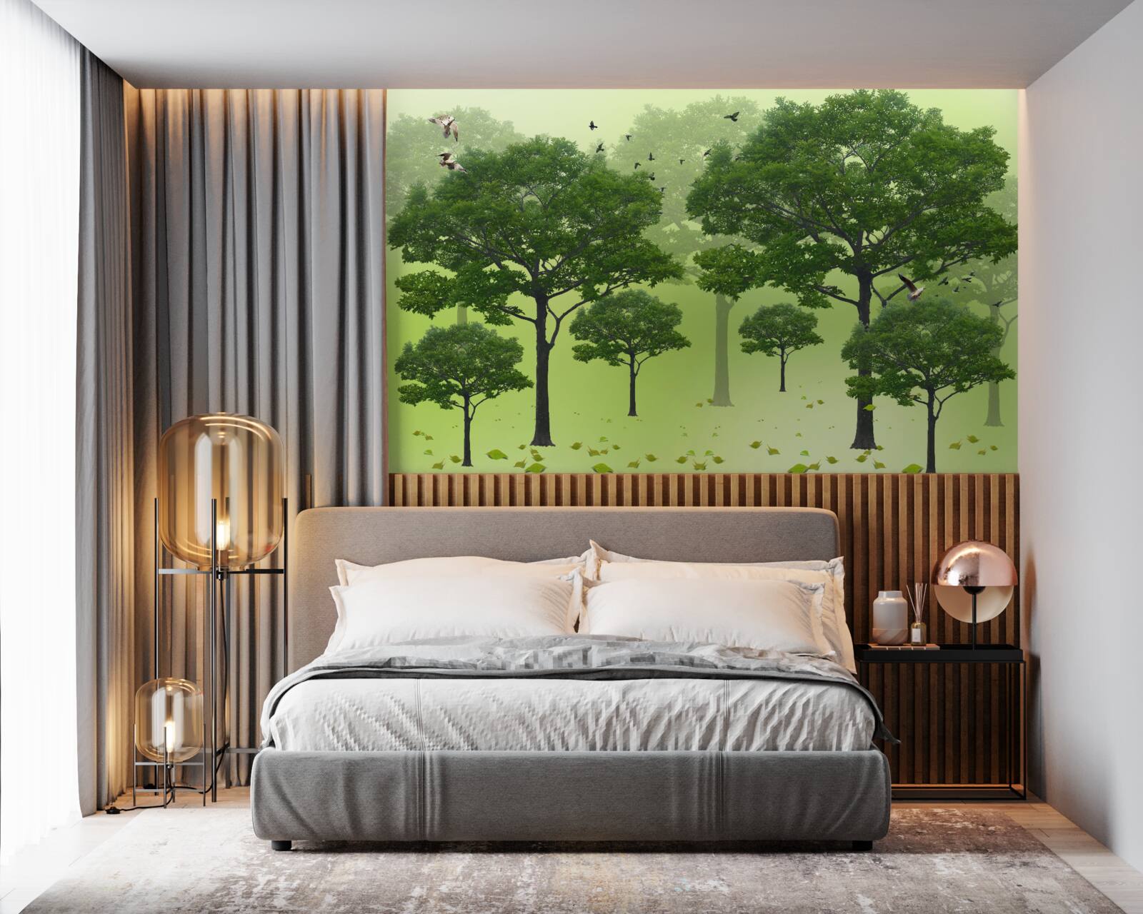 Fototapeta poranny las pokryty zielonymi liśćmi