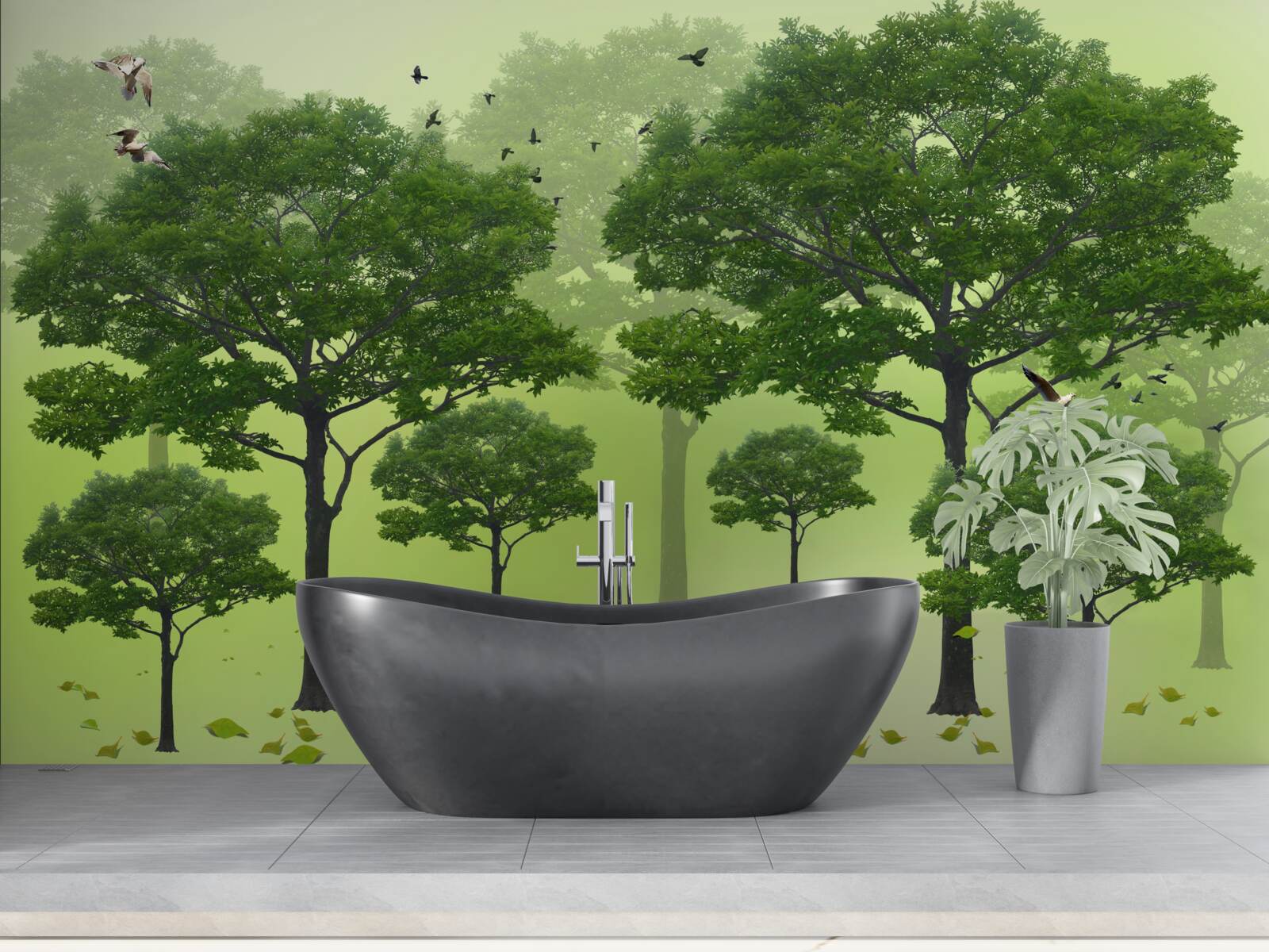 Fototapeta poranny las pokryty zielonymi liśćmi