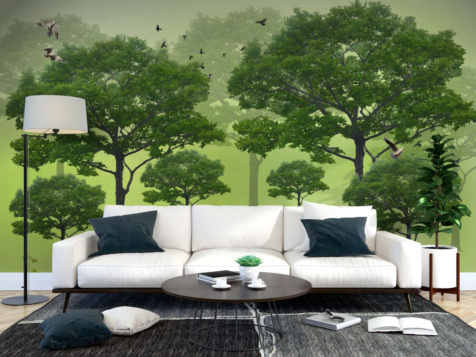 Fototapeta poranny las pokryty zielonymi liśćmi