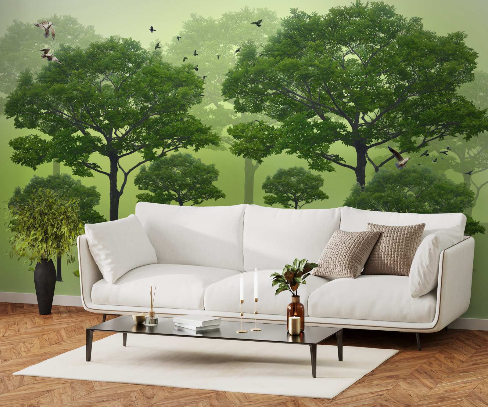 Fototapeta poranny las pokryty zielonymi liśćmi