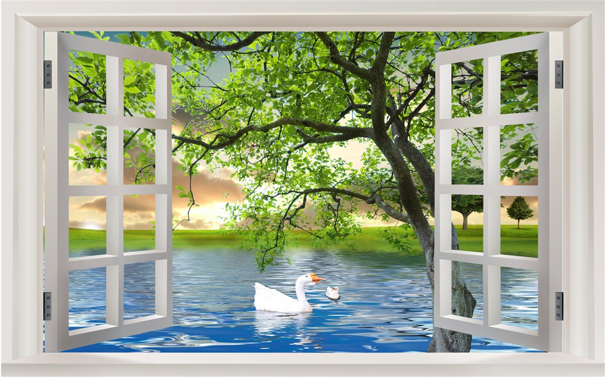 Fototapeta Łabędź unosi się na wodzie w pobliżu okna