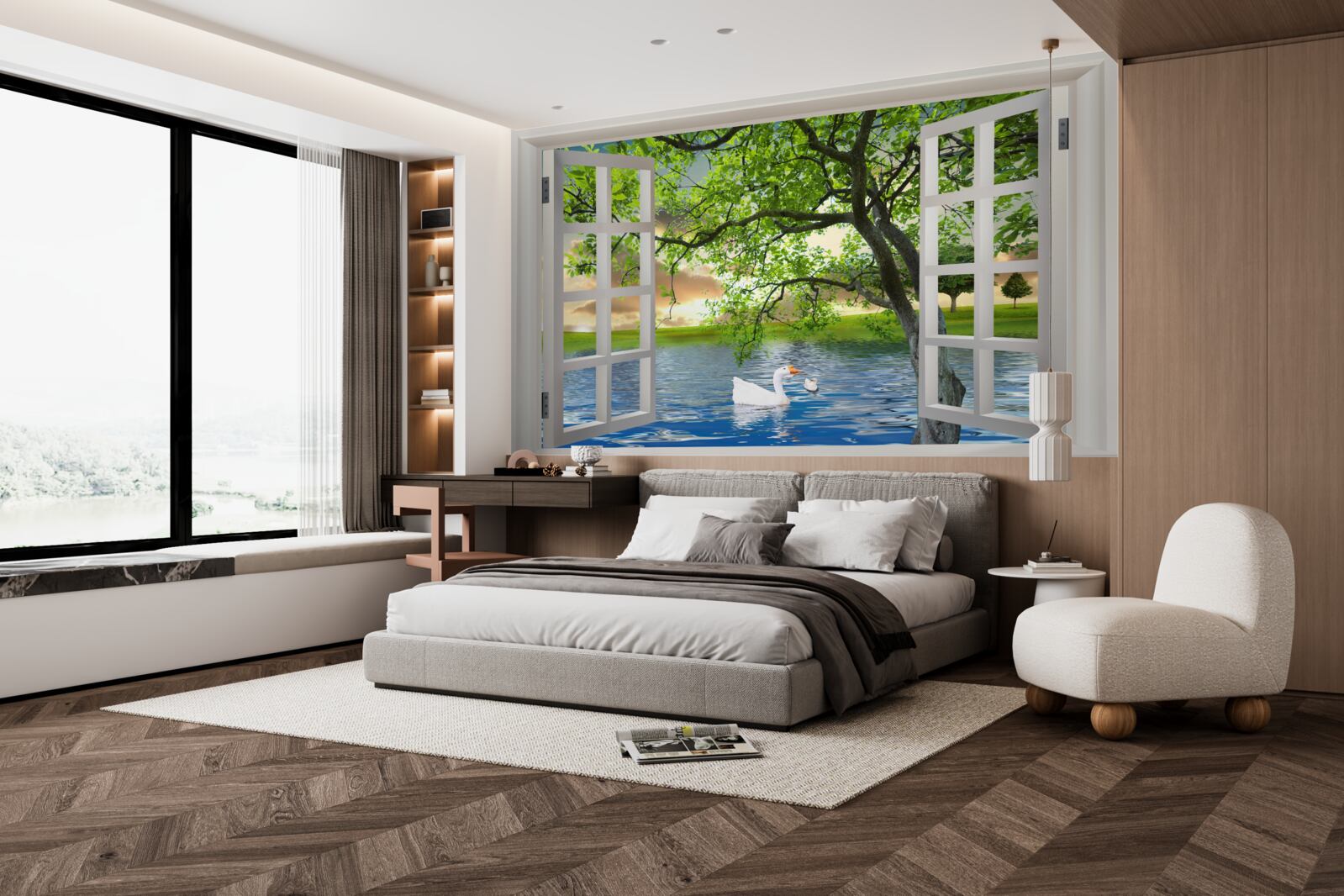 Fototapeta Łabędź unosi się na wodzie w pobliżu okna